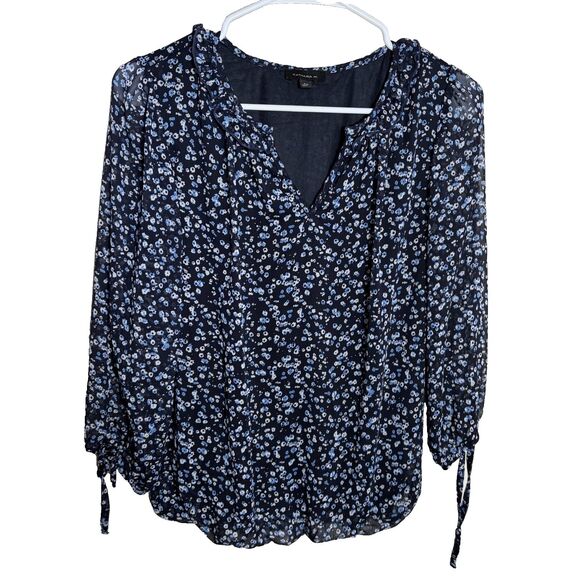 Tamara H Blouse Women's Small Floral V-Neck 3/4 Sleeve Lined Tie Sheer Top - Picture 1 of 8